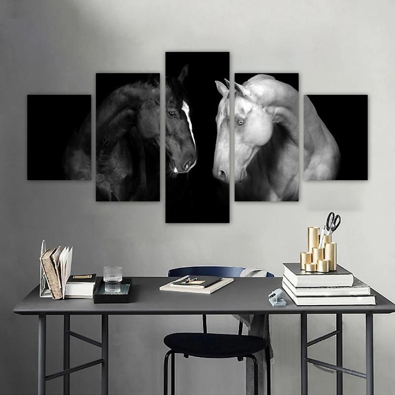 5 панелей, черно-белые постеры и принты с лошадьми, холст с изображением животных, современный домашний декор, настенное искусство для гостиной, БЕЗ РАМКИ