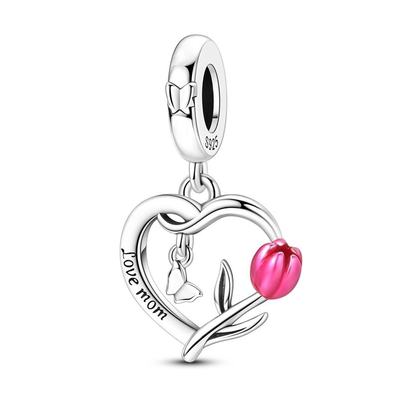 925 Silver Charm Bead Mother's Day Love Heart Family Charms Beads Pendants Fit Bracelet Women Jewelry Gifts