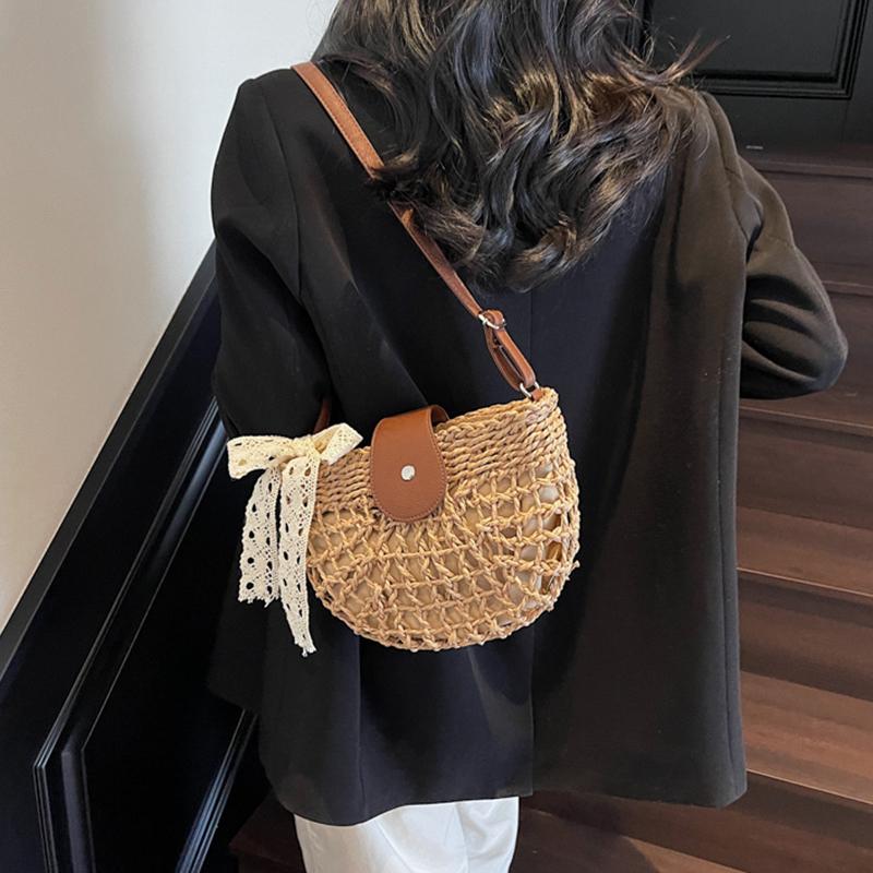 Летняя соломенная сумка для женщин, модная полукруглая сумка кроссбоди, плетеная вручную из ротанга, сумка-мессенджер, дорожная пляжная сумка KTB