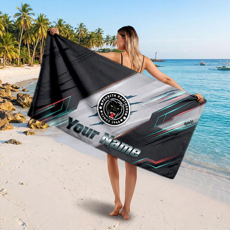 Penrith Panthers Customized Name Text Beach Towel, Soft Absorbent Towel Beach Pool Travel Personal Gift