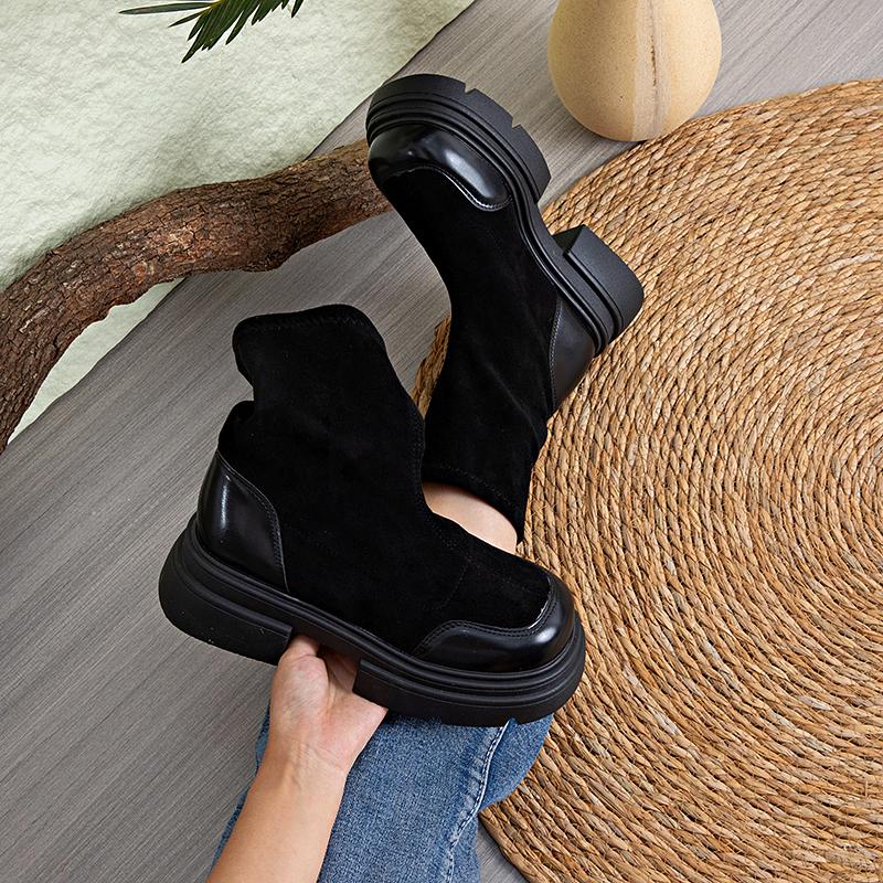 Vintage British Style  Boots for WomenSummer New Warm Versatile Thick Soled Chunky Heel Short Boots Stretch Slim Boots Comfortable Soft Sole Non slip