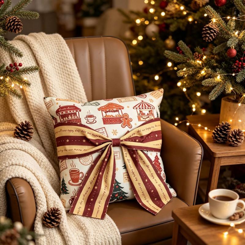 Christmas Pillow Cover With Bow Tie Decorative Square Cushion Case Sofa Chair Living Room Holiday Home Decoration