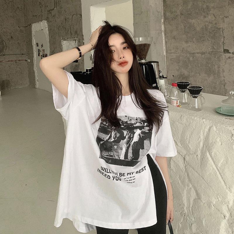 Футболка из хлопка с короткими рукавами для женщин, новый летний свободный топ средней длины с разрезом, дизайнерская футболка Sense Student