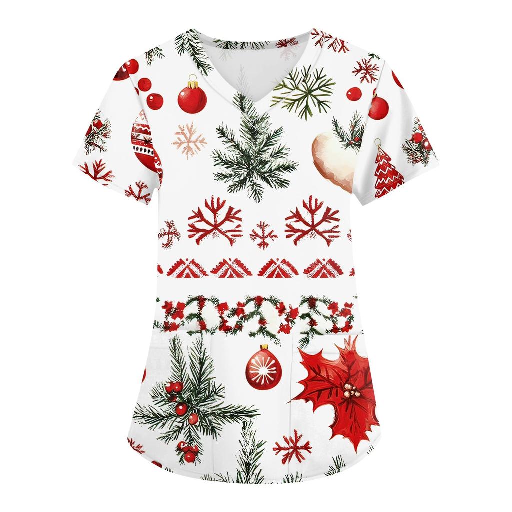 Женская мода с v-образным вырезом, короткими рукавами и карманами, топы с рождественским принтом