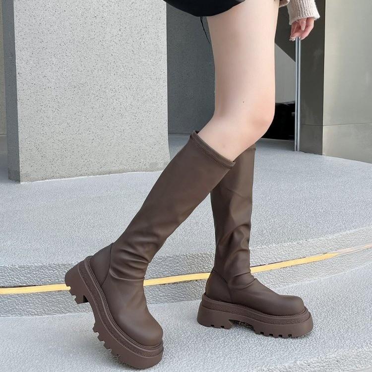 Осенние и зимние сапоги женские новые толстые каблуки толстая подошва сзади молнии сапоги тонкие эластичные сапоги рыцарские сапоги прилив