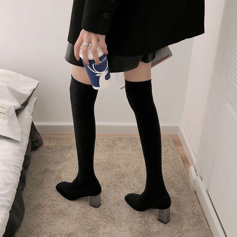 Square Toe Elastic Elegant Heeled Knitted Sock Above Over The Knee Shoes Woman Cosplay Trend 2025 Y2k Thigh High Boots for Women