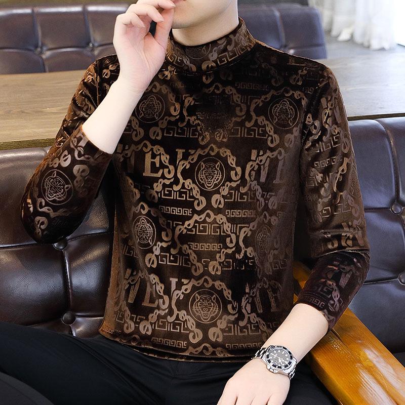 Мужская модная толстовка из золотистого бархата со средней горловиной и длинными рукавами - плотная, теплая, осенне-зимняя футболка с полувысоким воротником