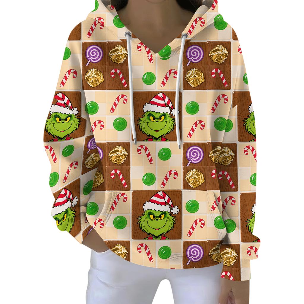 Ladies' Loose And Comfortable Drawstring V-neck Long Sleeved Christmas Printed Sweatshirt