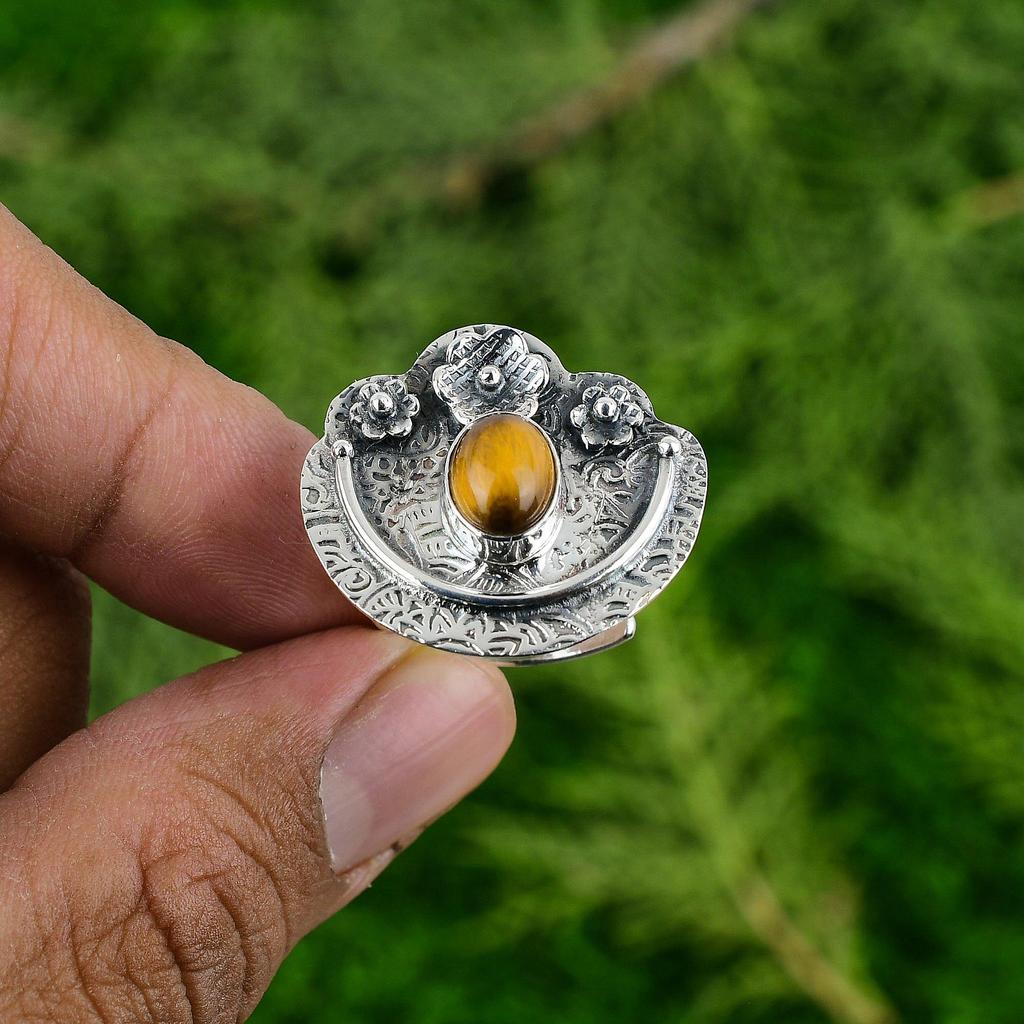 925 Silver Oval Tigers Eye Gemstone Bezel Promise Handmade Flower Daughter Ring
