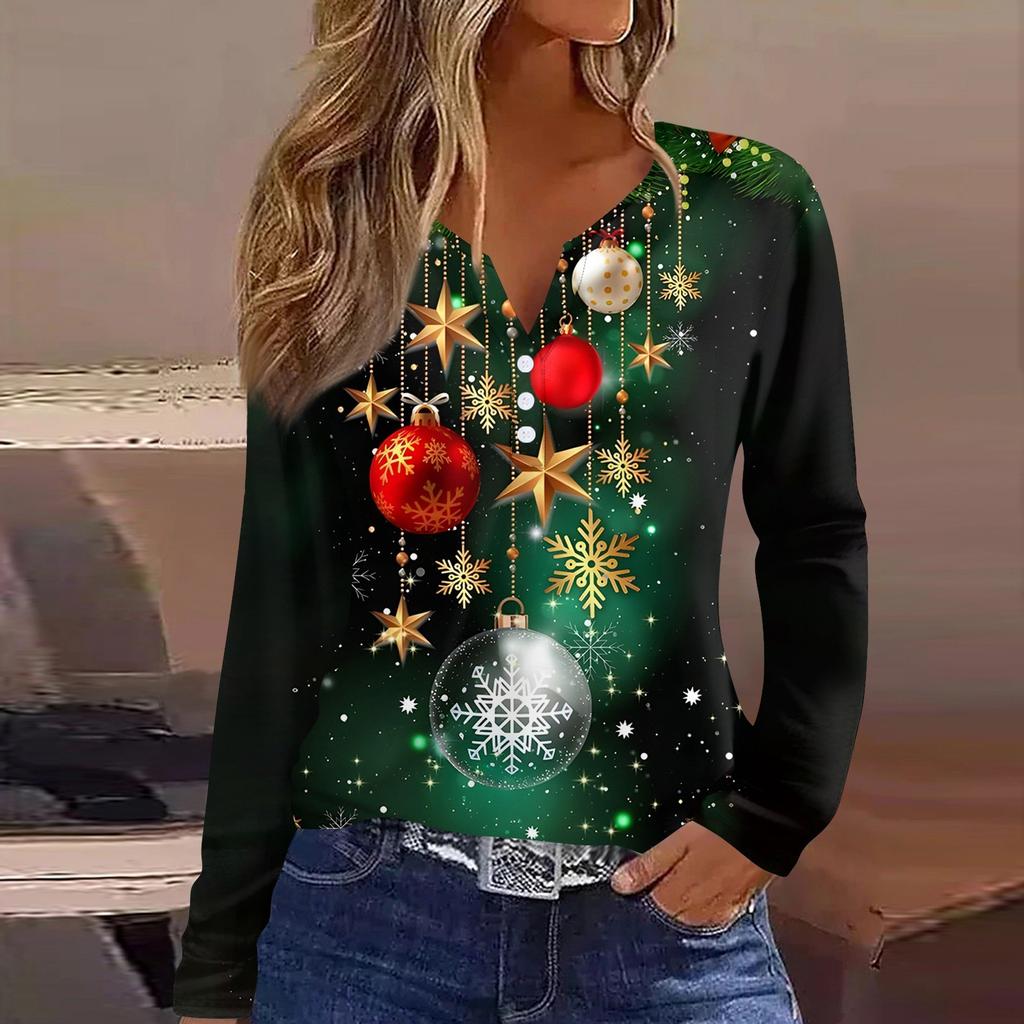 Женская футболка с рождественским принтом на пуговицах с длинным рукавом, повседневная, выходного дня, модная, базовая, с V-образным вырезом, обычная
