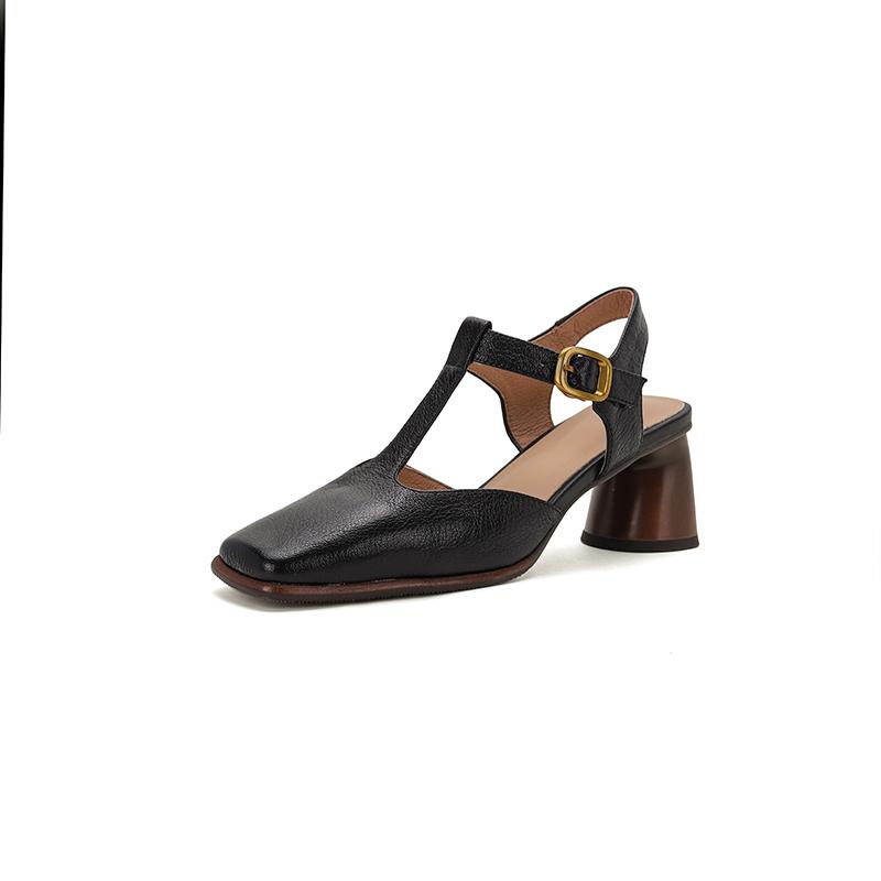 2024 Новые босоножки из натуральной кожи на квадратном каблуке, летняя модная женская обувь, туфли-лодочки на платформе с Т-образным ремешком и пряжкой, квадратный носок