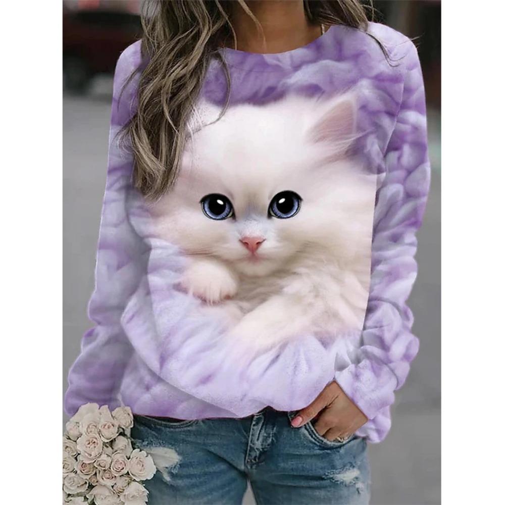New Cute Cat 3D Printed Women's Fashionable Round Neck Long Sleeved T-shirt
