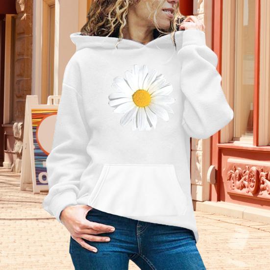 Autumn Spring Hoodie with Big Front Pocket Flower Printing Long Sleeve with Elastic Cuffs Pullover Thic Hooded Sweatshirt Daily Wear Sport Top