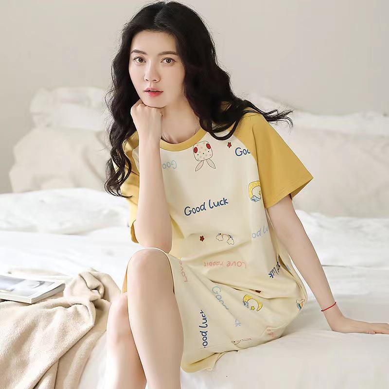 2024 Women's Cute Cartoon Summer Short-Sleeve Nightdress, Thin Large Size, Indoor/Outdoor Wear