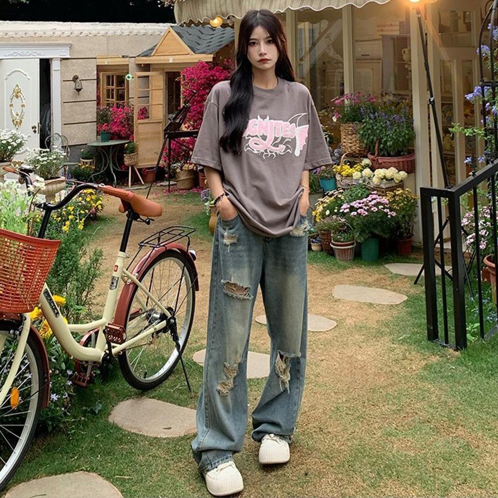 Женские джинсы с перфорацией в стиле ретро, с высокой талией и прямым шаговым швом, свободные облегающие брюки с широкими штанинами