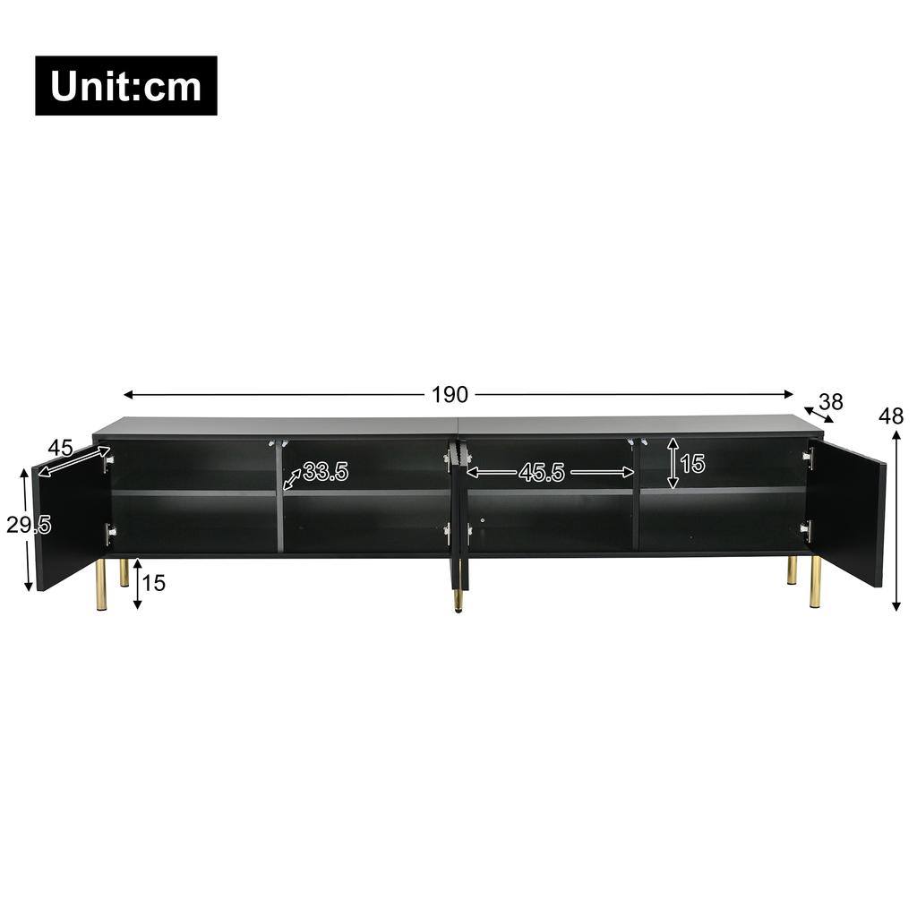 Black TV Cabinet, 190 cm(L) x 38 cm(W) x 48 cm(H), Golden Table Legs