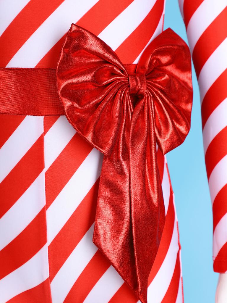 Girls Candy Cane Costume Striped Design Long Sleeve Bow Knot Bodysuit Dance Jumpsuit Christmas Party Outfit