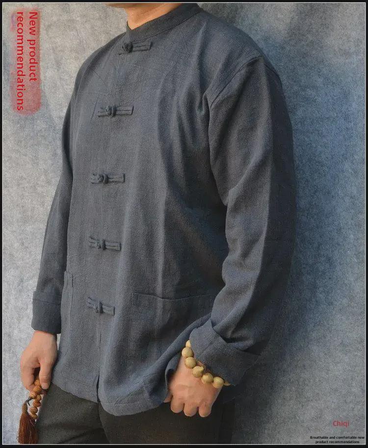 Мужской пиджак с длинными рукавами из хлопка и льна в стиле Тан - весенний пиджак Чжуншань в стиле ретро в китайском стиле