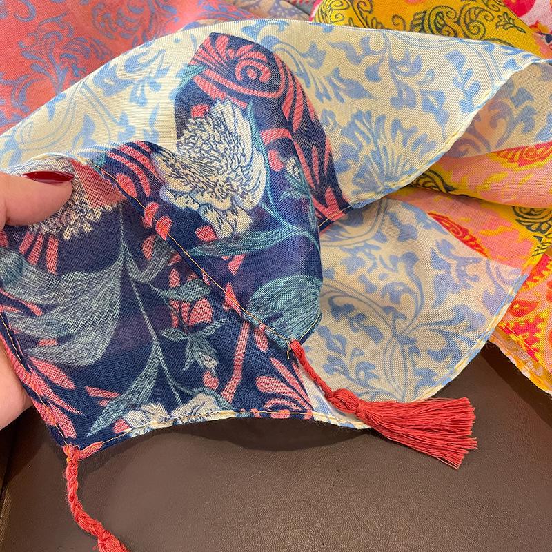 Женский шарф-шаль из хлопка и льна в этническом стиле: Весна/Осень, двойное назначение, теплый аксессуар с кисточками.