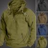Men Fall Winter Hoodie with Pocket Drawstring Half Zipper Hooded Vintage Style Long Sleeves Solid Color Mid Length Loose Casual Daily Top