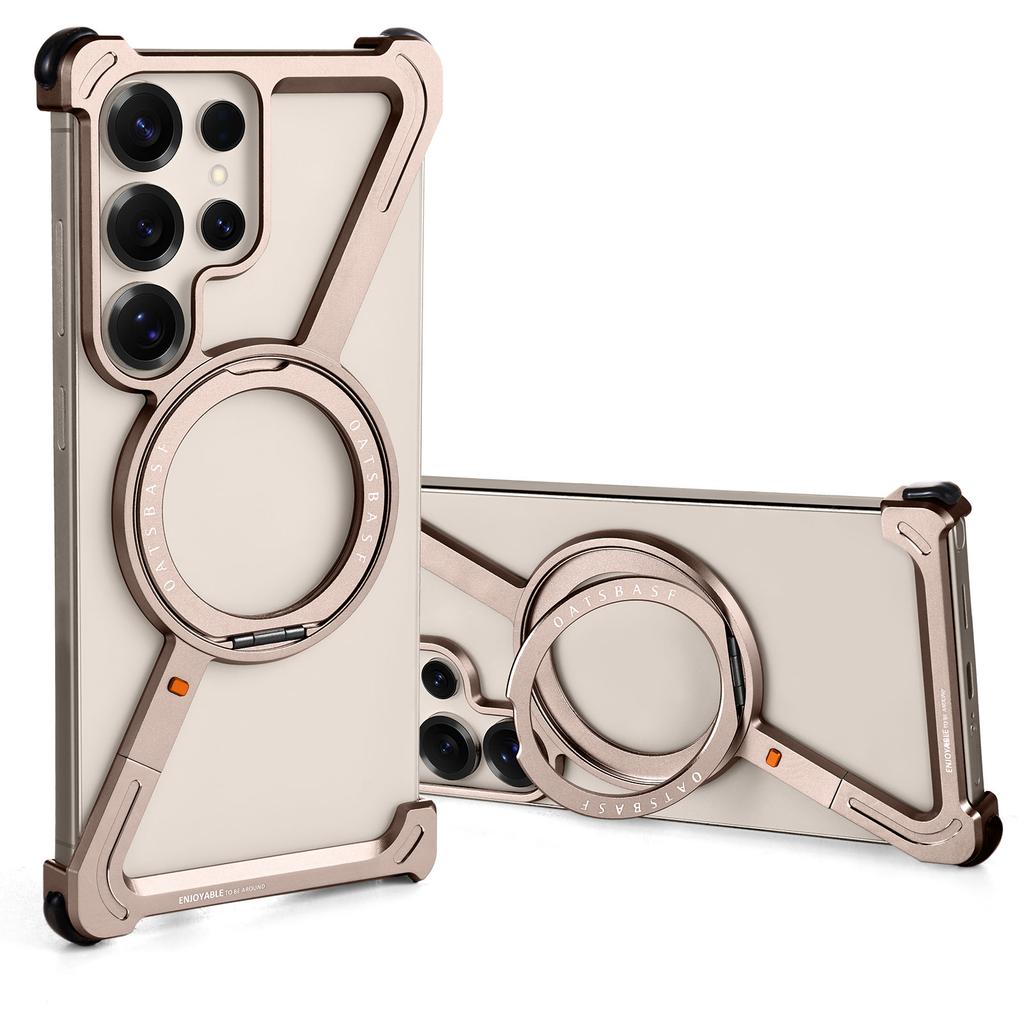 Oatsbasf Metal Frameless Phone Case for Samsung Galaxy S25 Ultra with 360° Rotatable Kickstand Magsafe Bumper Protective Covers