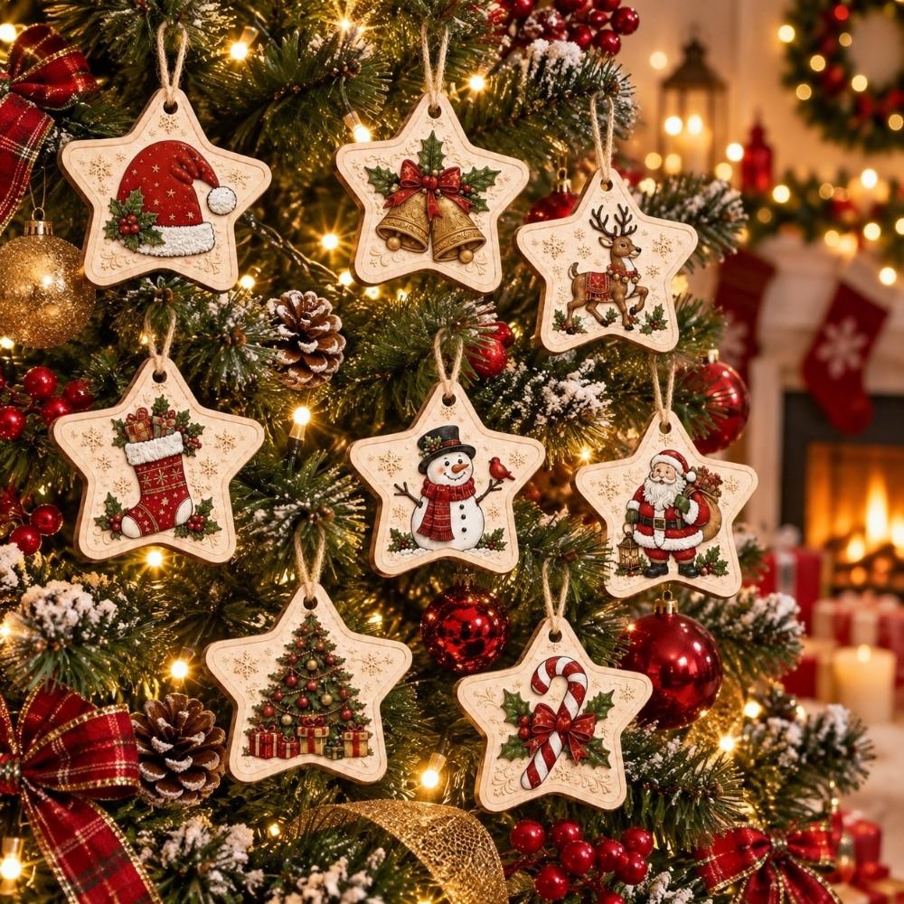 8 pcs 2D Flat Print Christmas Tree Ornaments Wooden Christmas DIY Decoration Party