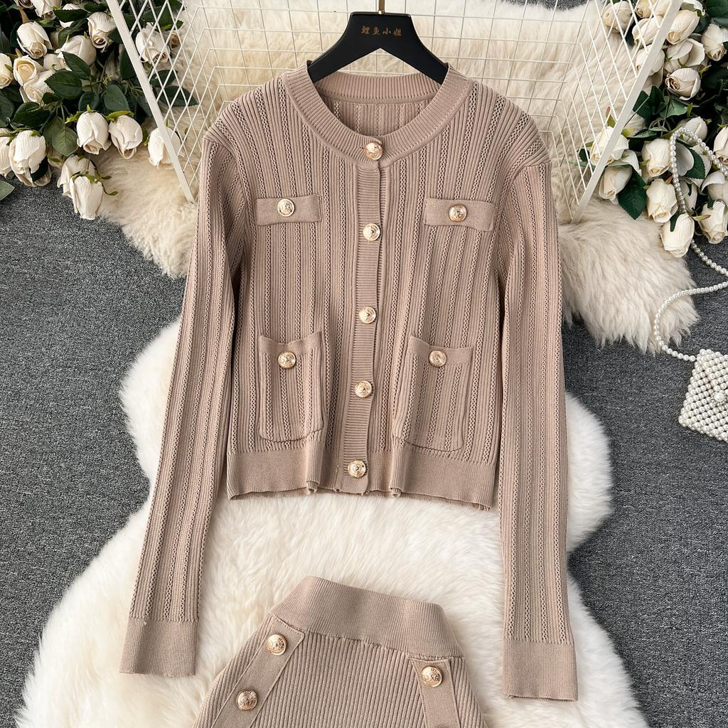 Autumn Winter Women Elegant Gold Button Knitted Sweater 3 Piece Set Single Breasted Jacket Coat Vest Long Midi Sheath Skirt Outfits