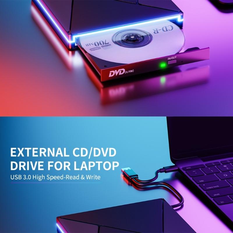 External Disc Drive with Color Lighting USB3.0 and Type C Port Fast Speed 24X Burning Reader Wide Compatibility