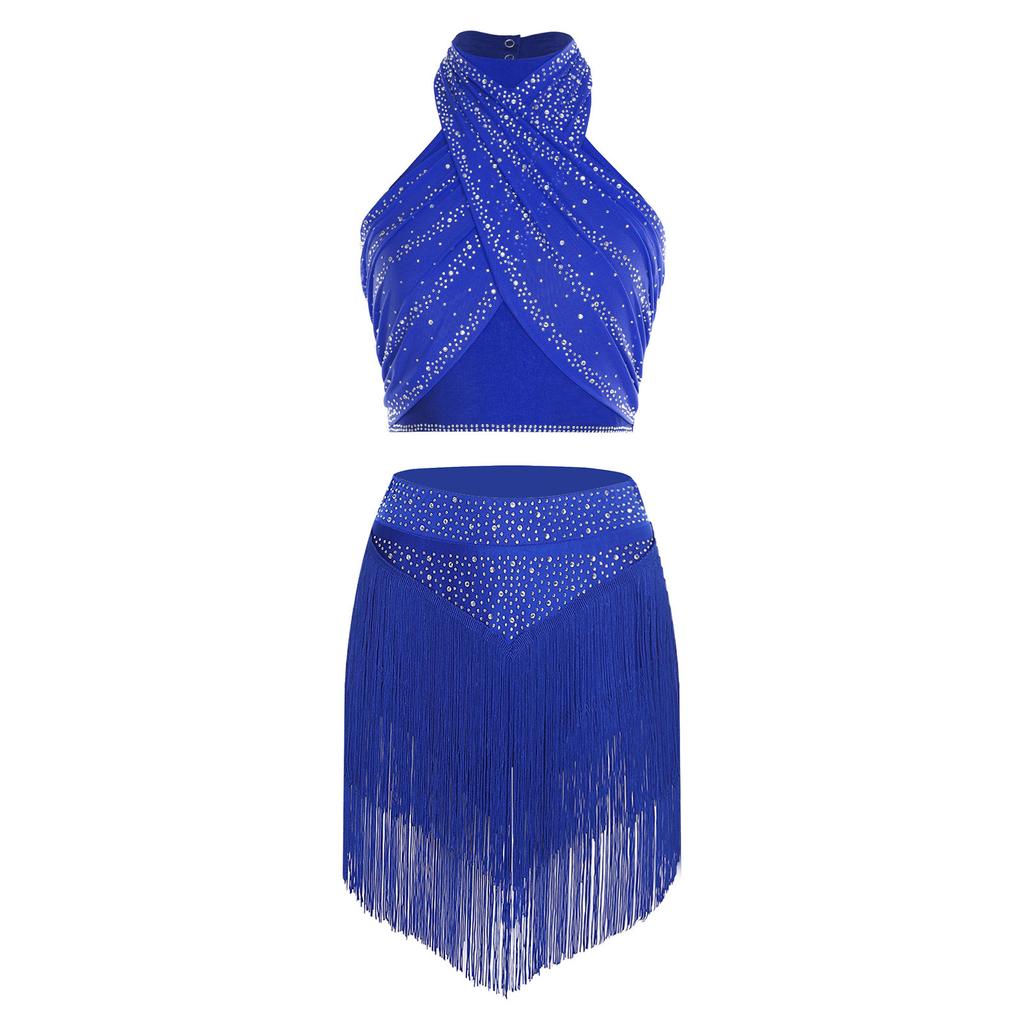 Womens Chacha Salsa Dance Outfit Halter Sleeveless Backless Shiny Ruched Crop Top Tiered Tassels Skirt Built In Shorts