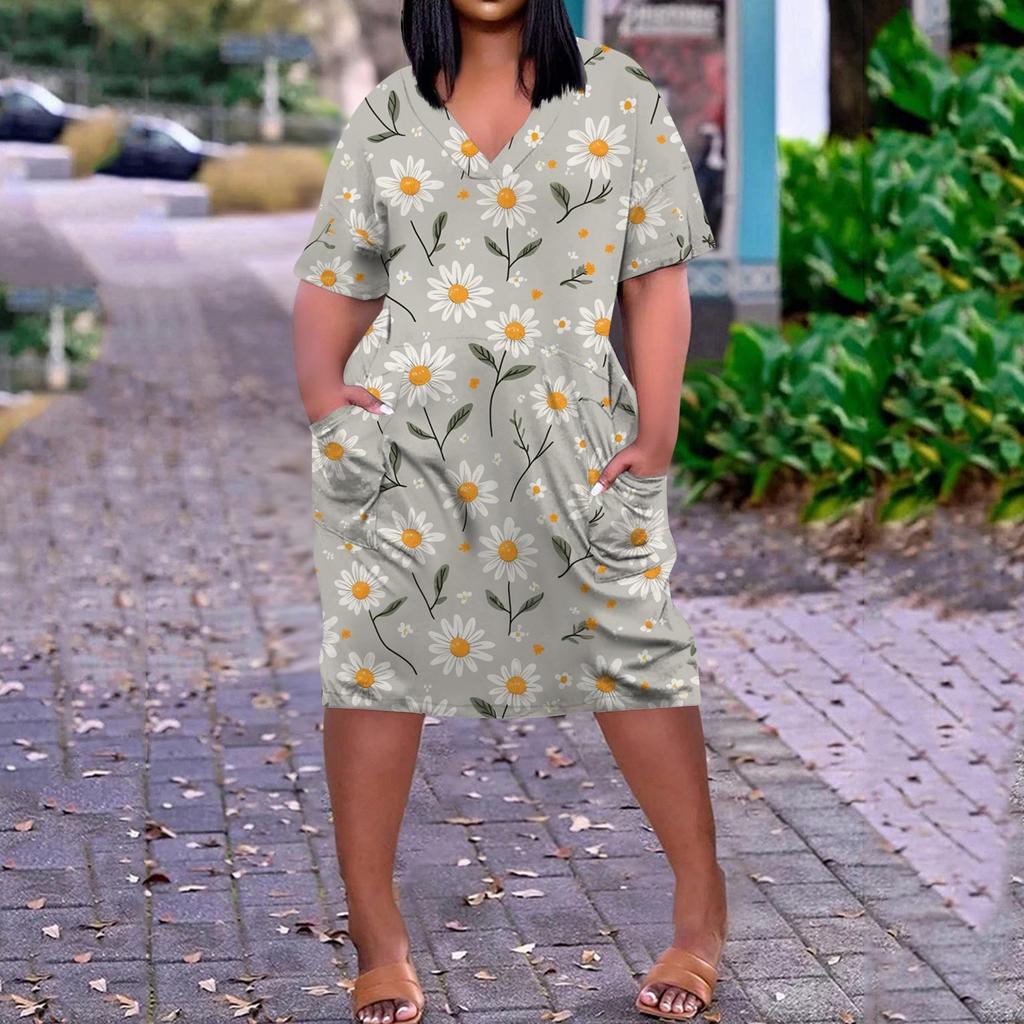 Летнее повседневное платье больших размеров с V-образным вырезом и коротким рукавом, карманом на колене для женщин