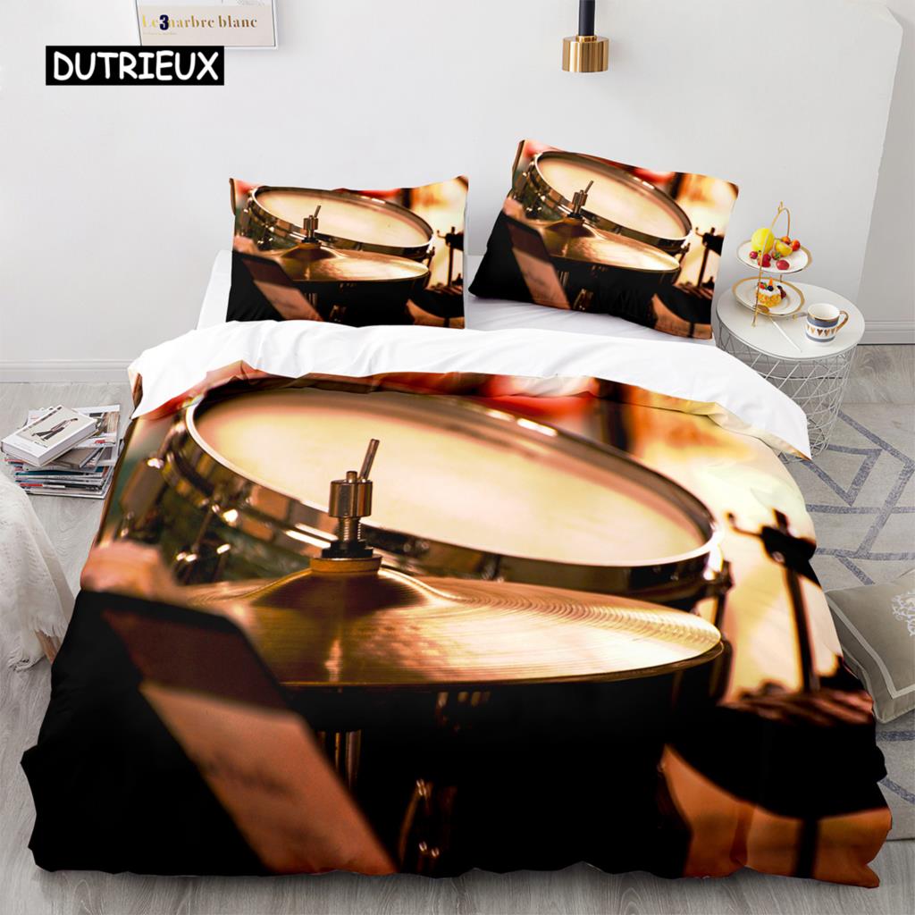 Drum Kit Duvet Cover Set Classical Music Comforter Cover Musical Instrument Lightning Pattern Quilt Cover for Kids Boys Teens