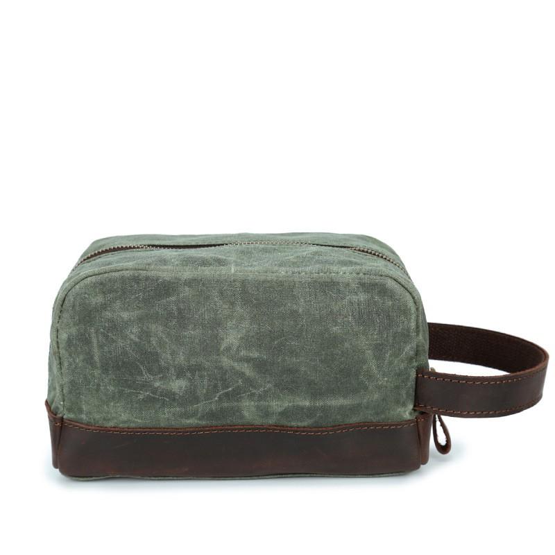 Mens Wax Canvas Toiletry Bag Vintage Handheld Clutch With Leather Wrist Strap Travel Grooming Pouch