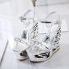 Woman Summer Fashion New Leather Buckle Wrist Strap Metal Decoration Platform Special-shaped High Heel Sandals 1076 Series 15cm Heel 5cm Platform LFD