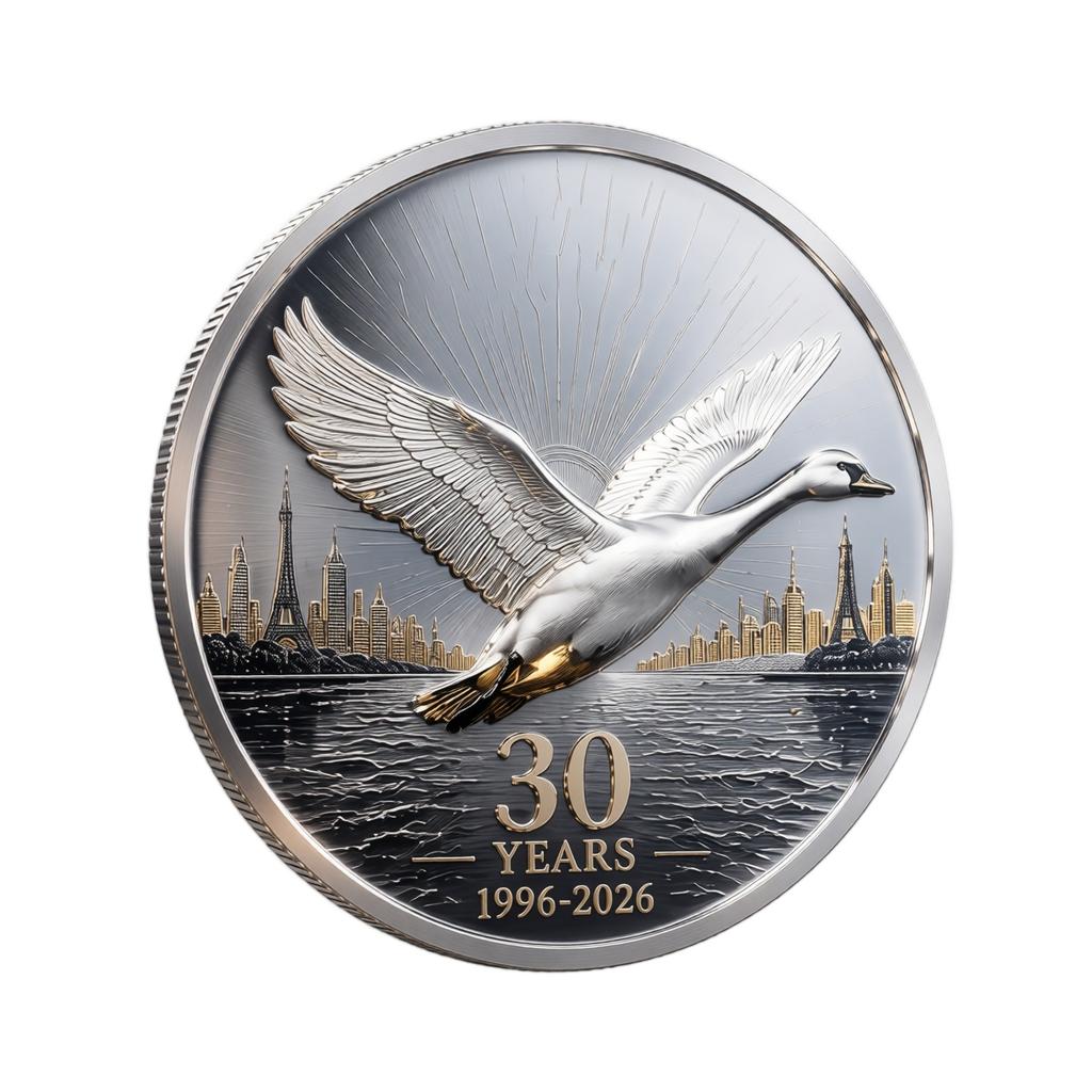 Памятная серебряная монета с изображением Grey Goose, посвященная 30-летию 1996-2026. Коллекционная монета с детальной гравировкой и живописным фоном