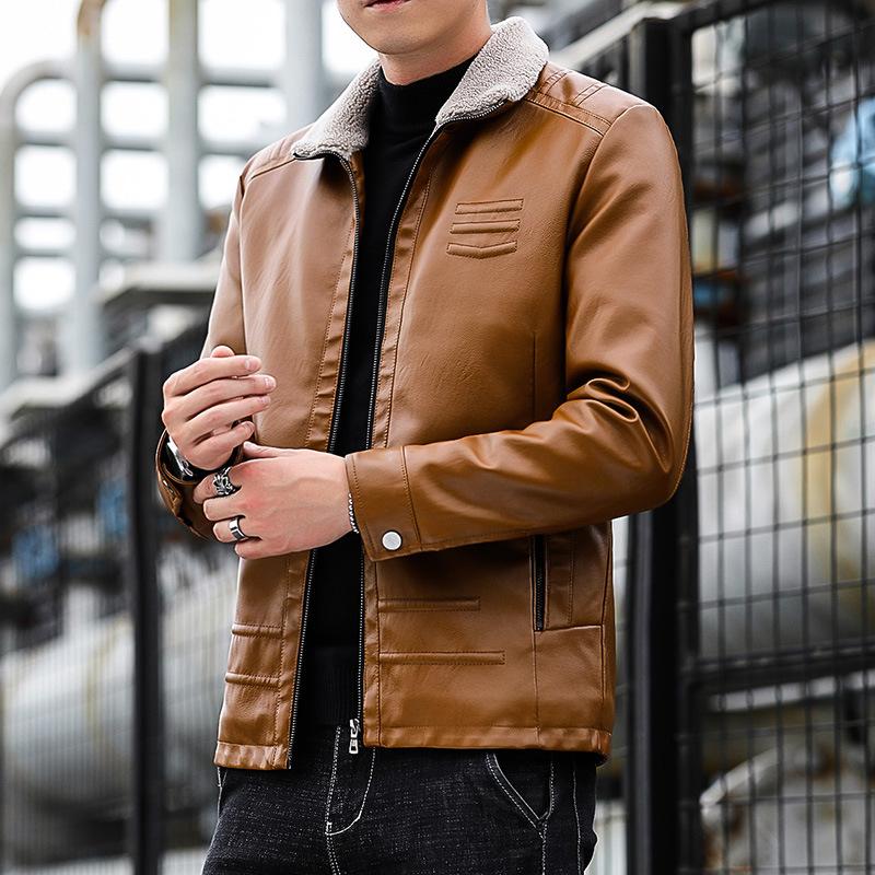 Fleece Leather Jacket Men'S New Trend Locomotive Clothing Autumn And Winter Thickened Warm Tooling Leather Jacket