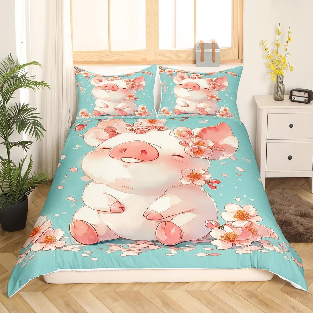 Pink Pig Bedding Set King Queen Sleeping Pig Duvet Cover For Kids Boys Girls Kawaii Animals Comforter Cover With 2 Pillowcases