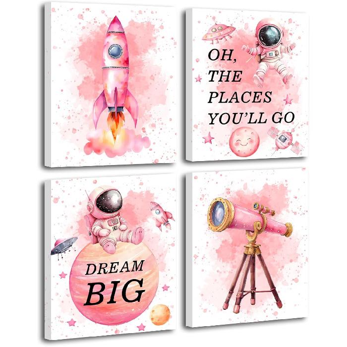 ZHAXFA Pink Outer Space Decor for Kids Room Girls Bedroom Watercolour Star Rocket Astronaut Posters Set Of 4 (8 x10 IN Unframed),Cute pirational Art