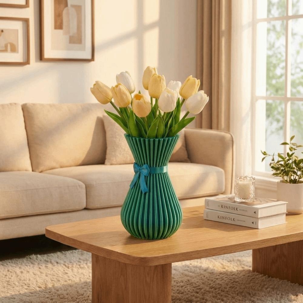 Ribbed Texture 3D Printed Flower Vases Waisted Hourglass Shape Plant Pot Home Desktop Decorations