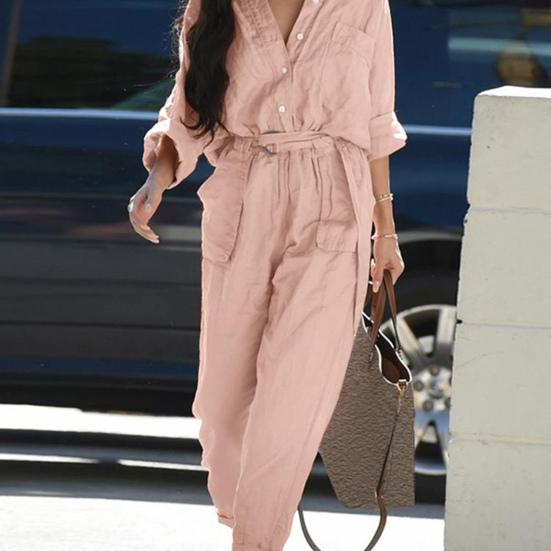 V-neck Buttons Closure Belt Women Jumpsuit Women Casual 3/4 Sleeve Solid Color Cargo Jumpsuit Ladies Outfit