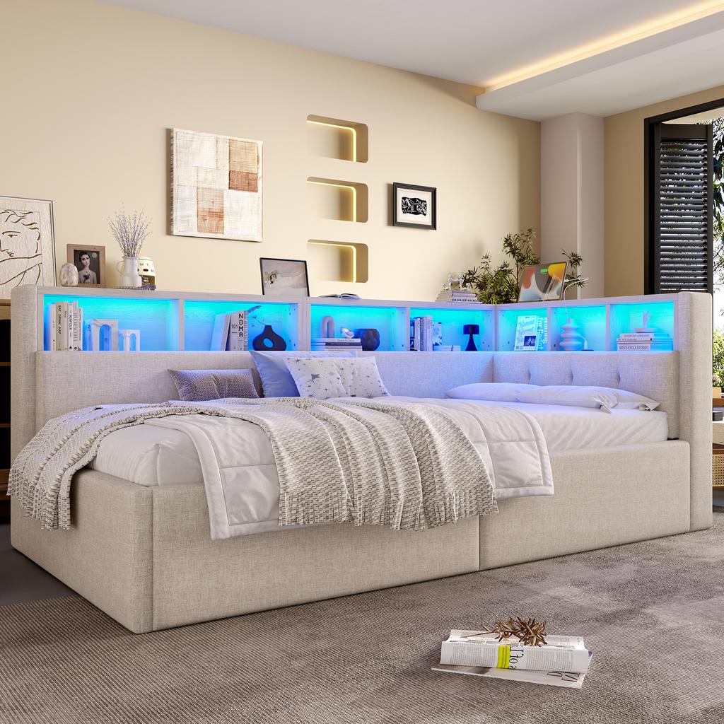 Daybed, Sofa Bed, 90 × 200 cm, USB + Type-C Ports, Hydraulic Storage, Storage Compartments, Multicolor LED Strip Lighting, No Mattress, Linen, Beige