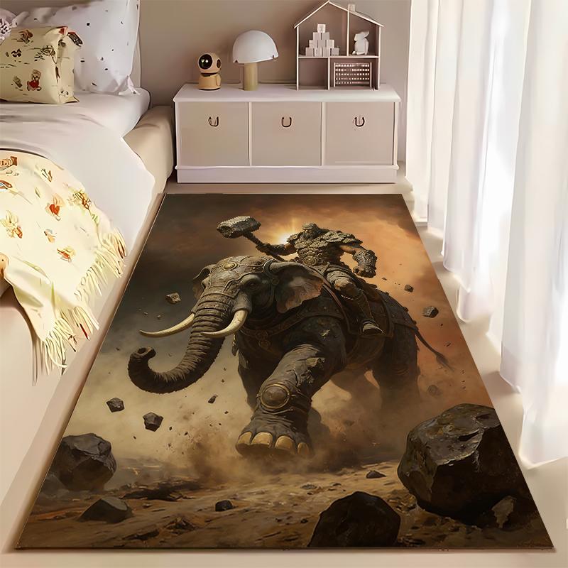 Epic Warrior Riding Armored Elephant Fantasy Art Carpet Design Suitable for use as an anti-slip for living room bedroom sofas