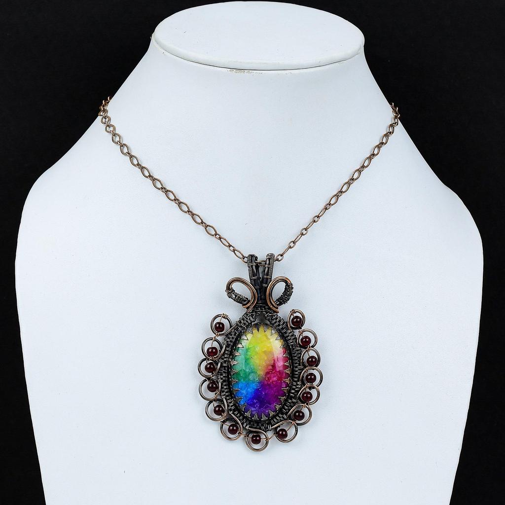 Радужный солнечный кварцевый драгоценный камень из чистой медной проволоки, обернутый ручной подвеской, ювелирные изделия для подарка