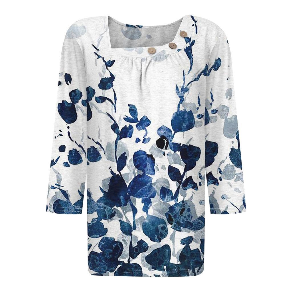 Жен. Футболка Футболка С принтом Пуговицы Рукав 3/4 Повседневные Выходные Мода Классический Классический Верх
