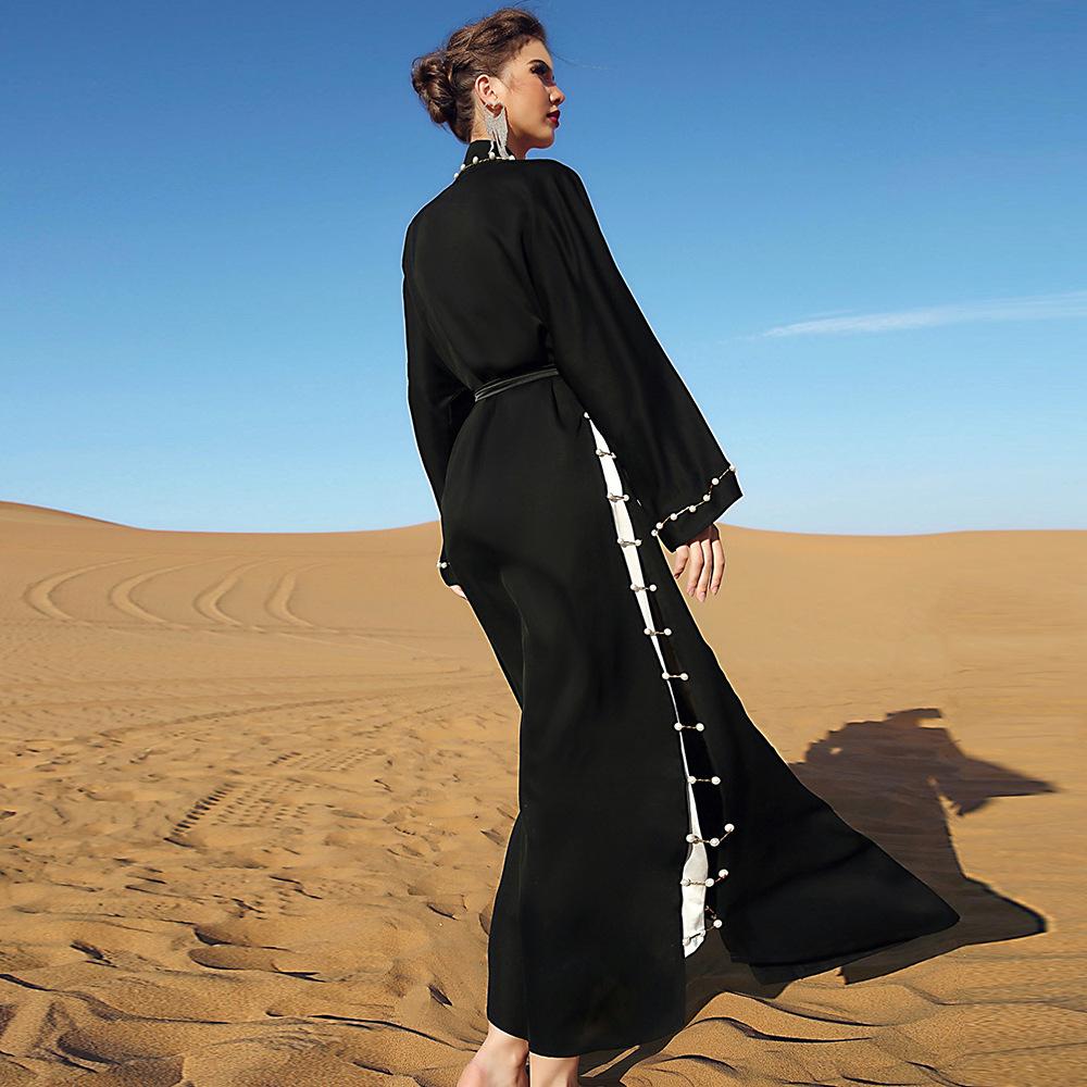 Женская одежда Черное винтажное свободное арабское платье с длинным наружным поясом и бисером