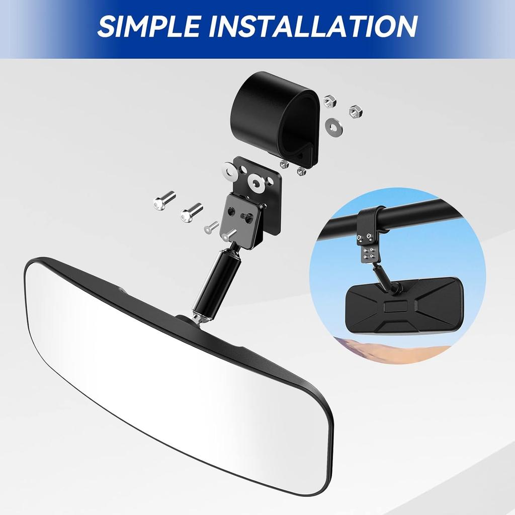 UTV Rear View Mirror, Center Convex Rearview Mirror For 1.75”-2” Roll Bar Cage Compatible With Polaris RZR Turbo, Kawasaki Mule, Teryx, Honda