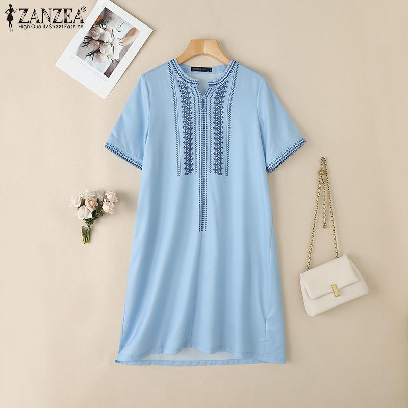 ZANZEA Women Casual Round Neck Summer Short Sleeve Print Dress
