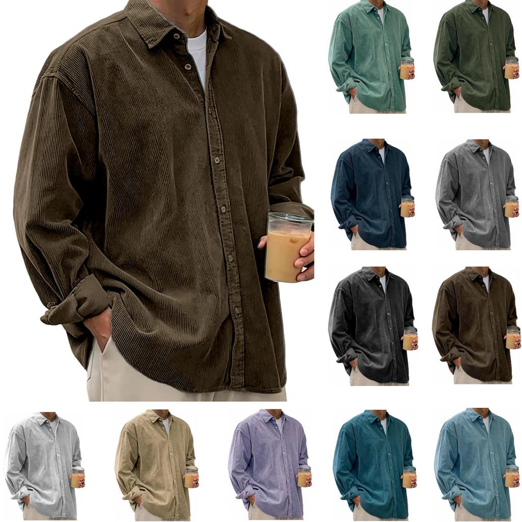 Men's Casual Solid-color Corduroy Button Shirt, Men's Long-sleeved Trendy Loose Square-neck Thick Shirt