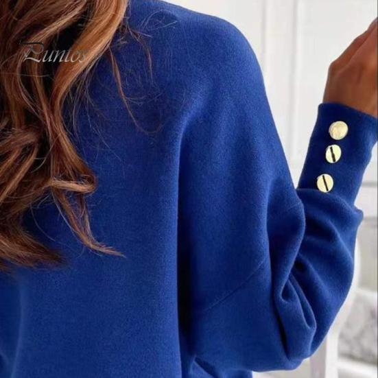 Women Tops V-Neck Long Sleeve Metal Button Cuffs Knitting Tops Solid Color Commuting Style Loose Fit Knitwear