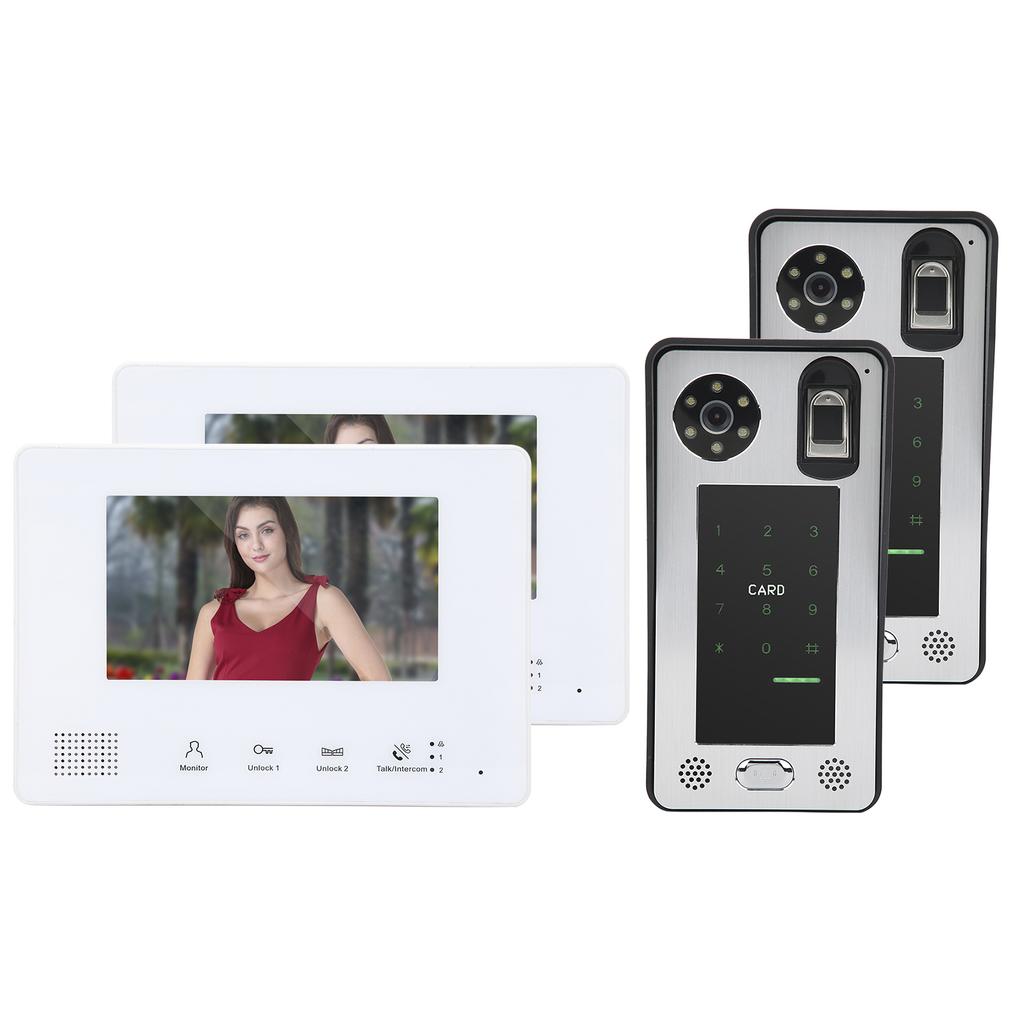2?Проводной видеодомофон 7 дюймов Двойные мониторы Двойные камеры Отпечаток пальца Пароль IC-карта Разблокировка Ночь