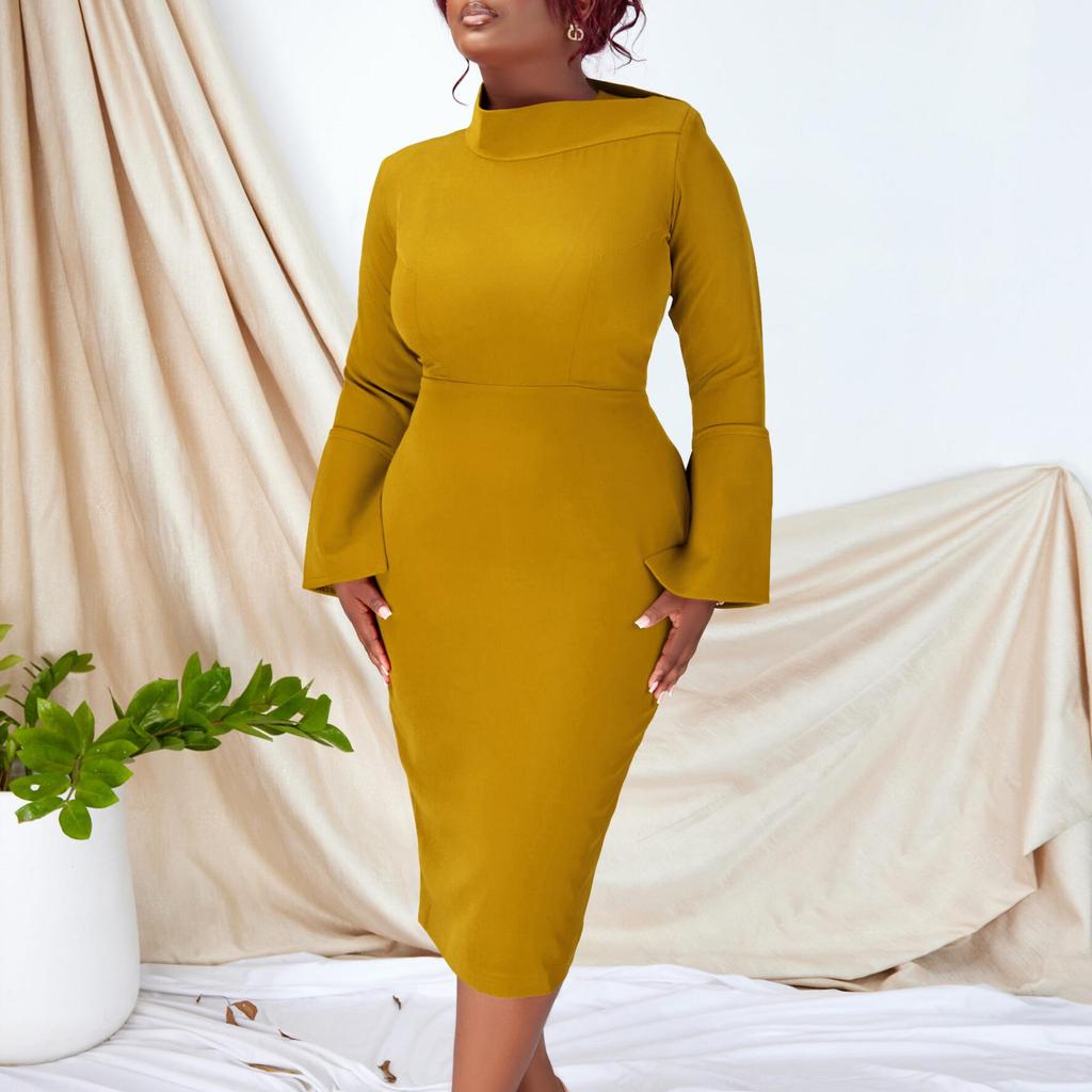 Элегантное трикотажное платье-карандаш с длинными рукавами и косым воротником для женщин